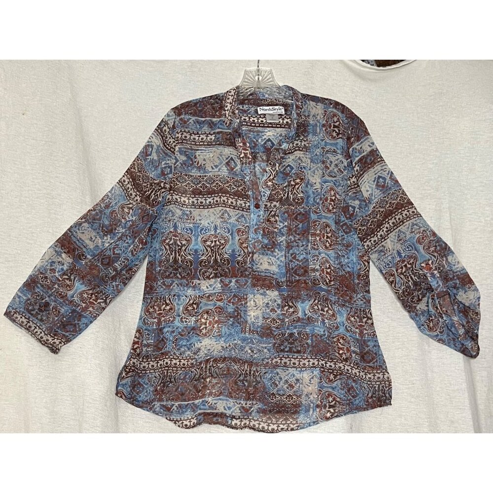 NorthStyle Women's Boho Print Long Sleeve Top - M - Blue & Brown Sheer